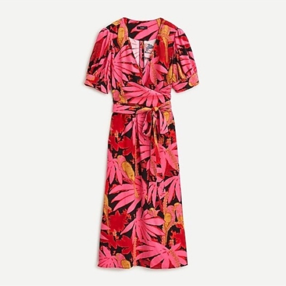 J. Crew Faux-wrap midi dress in palm print small pink vacation flowy sustainable - Picture 7 of 7
